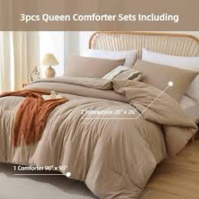 rosgonia queen comforter set taupe brown, 3pcs(1 boho tan comforter & 2 pillowcases) all season soft