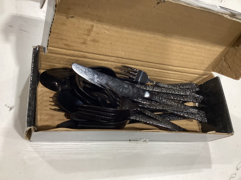 Condition photo showing As Is for 18 piece black silverware set, hammered 18/10 stainless steel flatware set for 4, food-grade cutlery set, tableware set including fork knife spoon set,dishwasher safe royal hammered black 20 pieces for 4