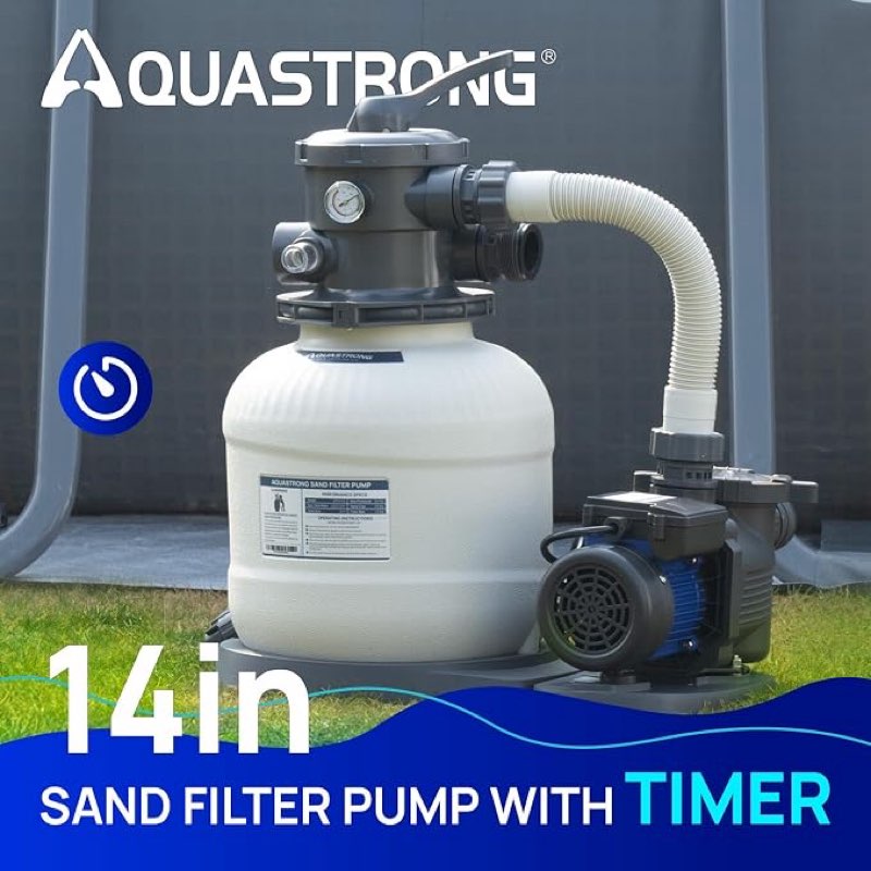 aquastrong 14in sand filter pump for above ground pool with timer, 2/3 hp pool pumps above ground 3000 gph for pools up to 13000 gal, pool filter with 6-way valve, improved circulation and filtration
