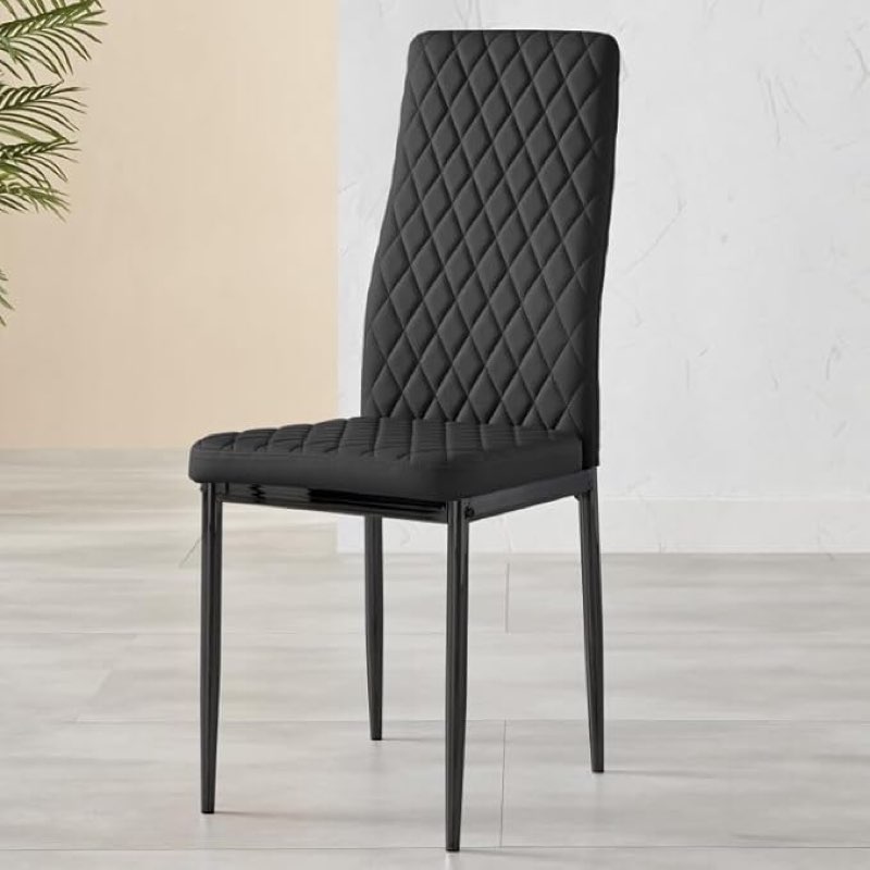  Milan Dining Chair - Set of 4 - Premium Dining Room Chairs - Contemporary & Luxurious Dark Hatched Diamond Faux Leather Dining Seats with Black Metal Legs (4X Black Chairs)
