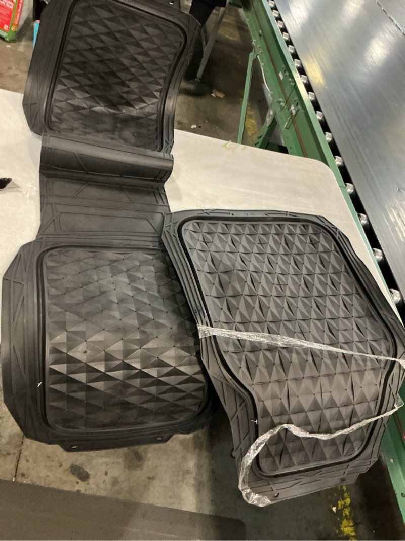 Condition photo showing As Is for 2 piece black deep dish rubber car floor mats