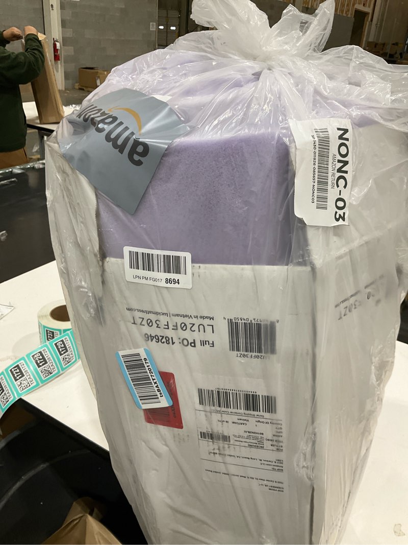 Condition photo showing As Is for LUCID Lavender Infused 2 Inch Memory Foam Mattress Topper with 5 Zones – Full Size – Plush Feel – CertiPUR Certified – Dorm Room Essentials 2 Inch Full Lavender