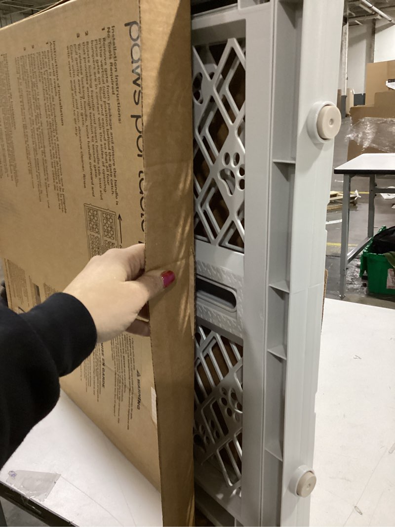 Condition photo showing As Is for MYPET North States Paws Portable Pet Gate: 26-40" Wide. Pressure Mount. No tools needed. Made in USA. Dog Gate 23" Tall, Expandable, Durable Dog Gates for Doorways, Light Gray