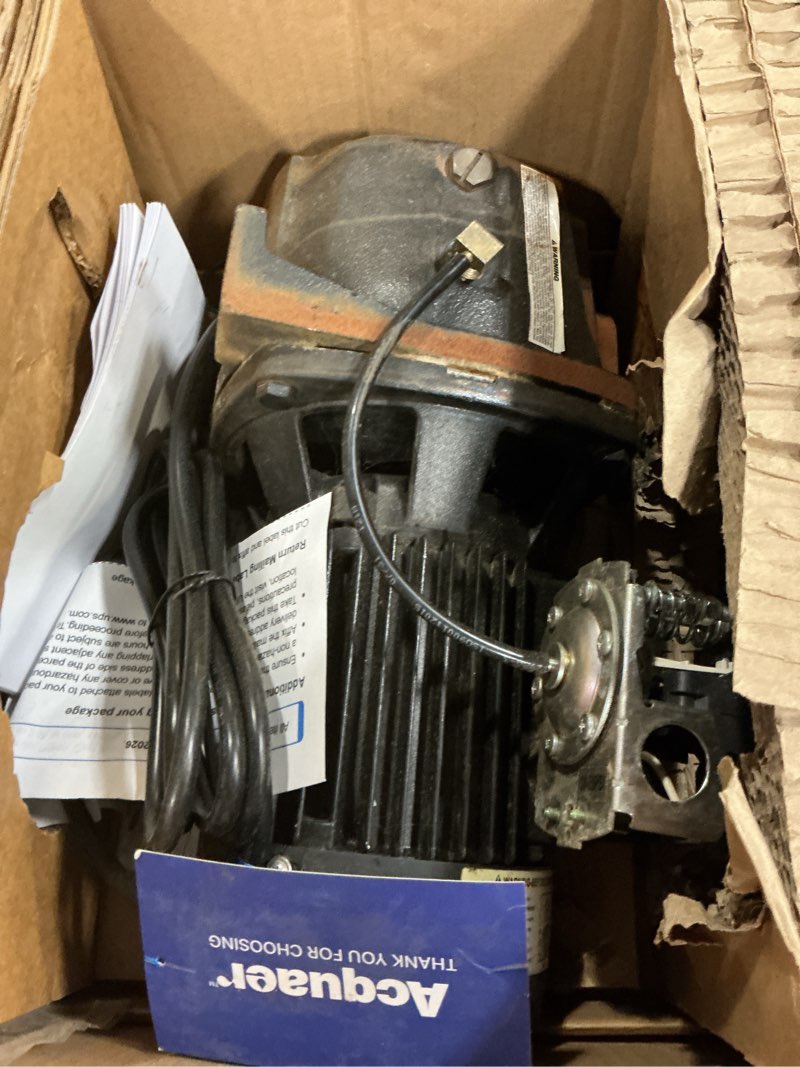 Condition photo showing As Is for acquaer shallow/deep well jet pump, cast iron convertible pump with ejector kit, well depth up to 25ft or 90ft, 115v/230v dual voltage, automatic pressure switch black