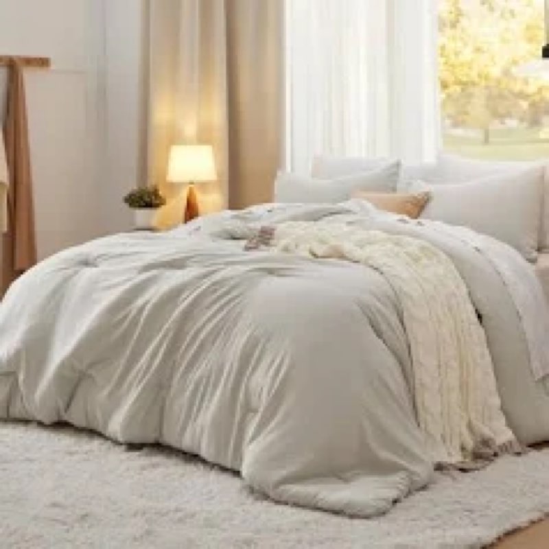 bedsure queen comforter set - beige soft bedding for all seasons, cationic dyed bed set, 3 pieces, 1