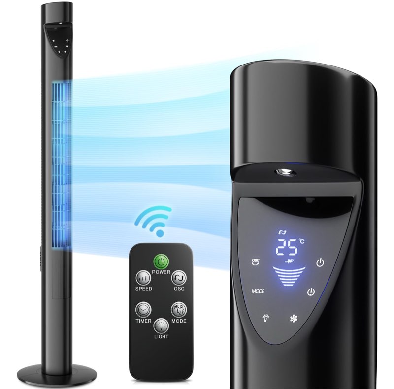 Oscillating Quiet Tower Fan with Remote Control 3 Speeds 12H Timer Portable LED Display 47 Inch Electric Air Circulator Cooling Floor Standing Fan for Home Bedroom Office Living Room Black