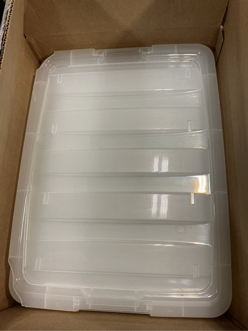 Condition photo showing As Is for iris usa 54 qt stackable plastic storage bins with lids, 6 pack - bpa-free, made in usa - see-through organizing solution, latches, durable nestable containers, secure pull handle - clear clear 54 qt 6 pack