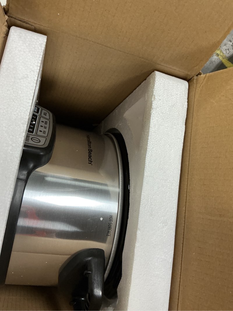 Condition photo showing As Is for Hamilton Beach 4 Quart Programmable Slow Cooker with Flexible Easy Programming, 5 Cooking Times, Dishwasher-Safe Crock & Lid, Silver (33443) 4 Quarts