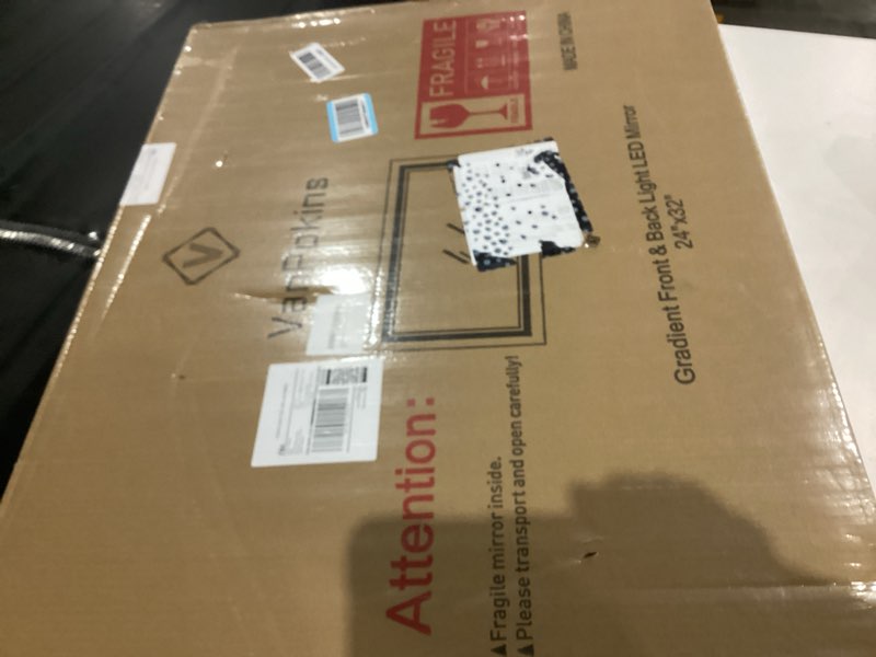 Condition photo showing As Is for LED Bathroom Mirror, 24x32 Inch Gradient Front and Backlit LED Mirror for Bathroom, 3 Colors Dimmable CRI>90 Double Lights, IP54 Enhanced Anti-Fog, Hanging Plates Lighted Vanity Mirror