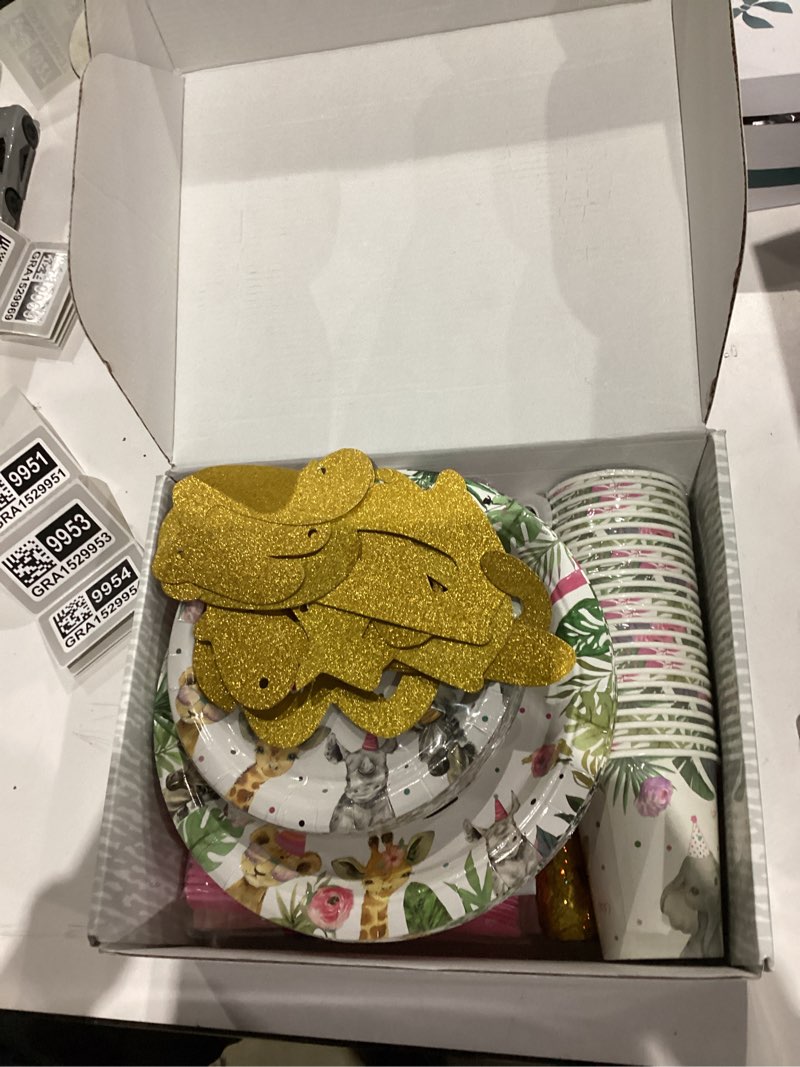 Condition photo showing New/Like New for Two Wild Birthday Decorations Dinnerware For Girl, Jungle Safari Theme 2nd Birthday Party Supplies Include Plate, Cup, Napkin, Backdrop, Banner, Tablecloth, Balloon, Cutlery, Topper | Serve 24