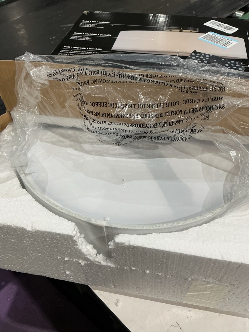 Condition photo showing Good Condition for globe electric 60315 2-light flush mount ceiling light, dark bronze finish, white linen shade, low profile drum design, e26 base, dimmable dark bronze, linen shade