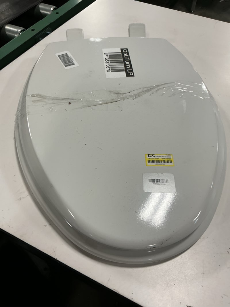 Condition photo showing As Is for croydex bidwell 17" round stick -tight™ wood toilet seat in white