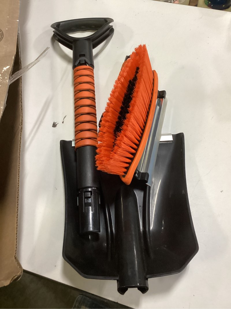 Condition photo showing Good Condition for 43.3'' Snow Shovel & Snow Brush with Ice Scrapers for Car Windshield,5-in-1 Extendable Thicken Aluminum Tube,180° Pivoting Brush Head & Foam Grip for Christmas, Cars, Trucks, SUVs, Vehicle(Orange 43.3''(5in1) Orange