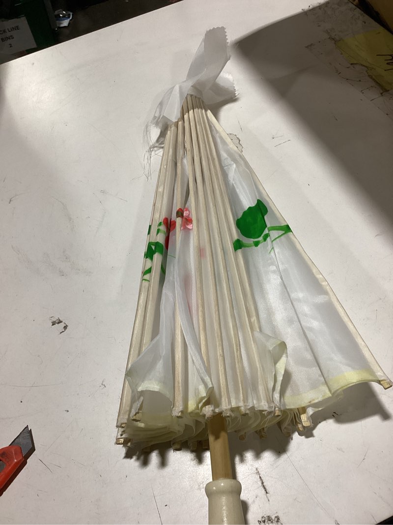Condition photo showing As Is for 33\" white flower silk cloth decoration handmade parasol umbrella chinese japanese asian diy art dance classical umbrella for wedding parties photography costumes cosplay (dark blue) dark blue flower umbrella