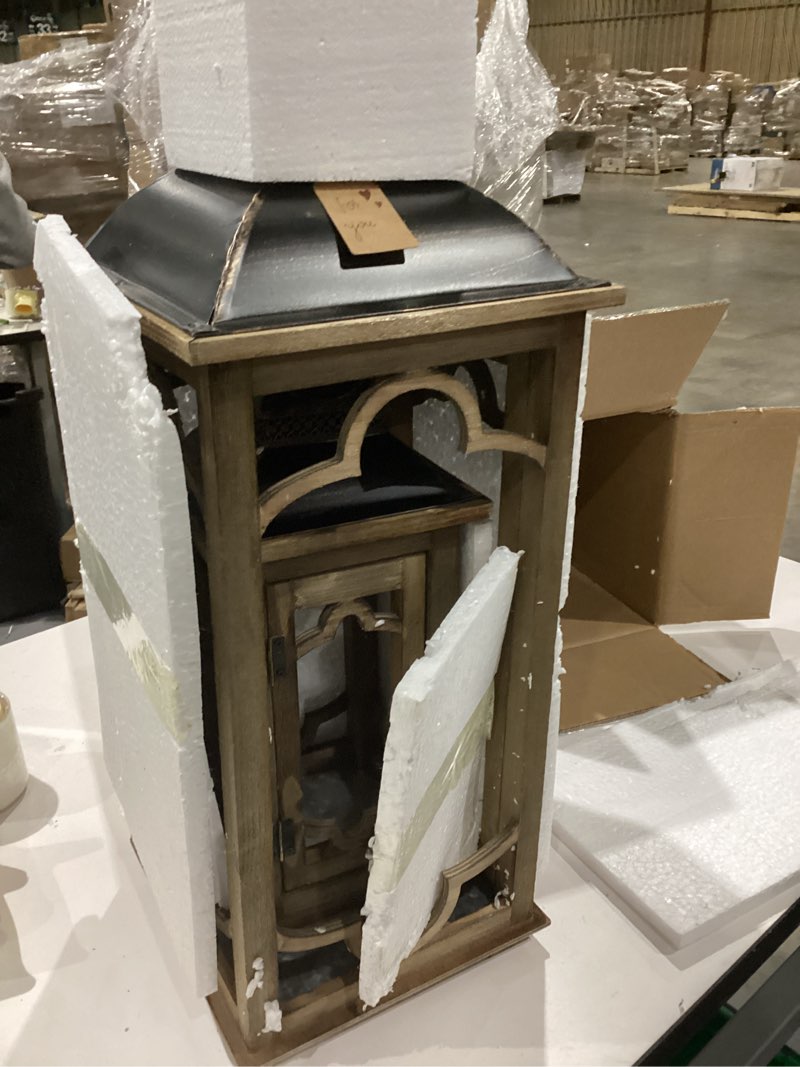 Condition photo showing Good Condition for large farmhouse decorative wooden lantern set of 2, rustic brown floor lanterns, indoor/outdoor hurricane lanterns for home decor (no glass) brown with black top