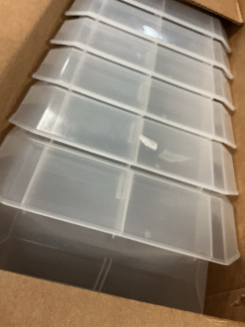 Condition photo showing As Is for readyspace large plastic storage bins, stackable organizer containers for closet pantry shelf garage and office organization, clear, 6 pack clear large, 6-pack