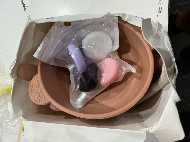 Condition photo showing As Is for eascrozn 3 pack baby bowls with suction and 3 pack baby spoons, bpa free, silicone baby feeding set for babies toddler kids, microwave and dishwasher safe purple
