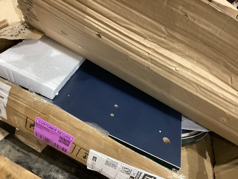 Condition photo showing As Is for 48" oval fluted coffee table with storage organizer, fluted center table with faux marble top and gold metal decor, modern coffee table for home office, living room, navy blue