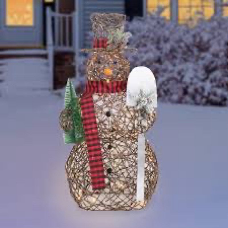 Alpine Corporation 47" Christmas Rattan Snowman Outdoor Statues with Shovel, Scarf, and LED Lights, 