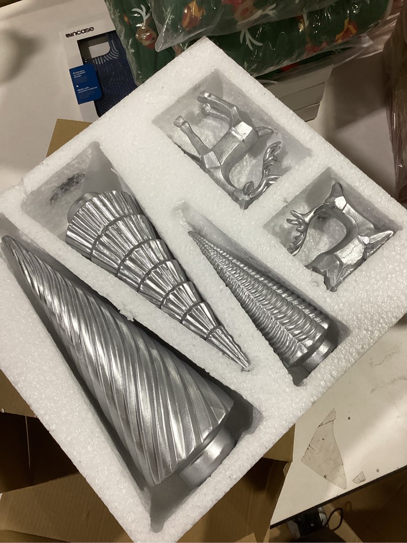 Condition photo showing Good Condition for WDS WONDROUS Christmas Decor Trees and Reindeer Figurines Decoration- Sliver Set of 5 Christmas Tree Statues and Deer Decor Set, Resin Ornaments Tabletop Shelf Office Indoor Silver Set of 5