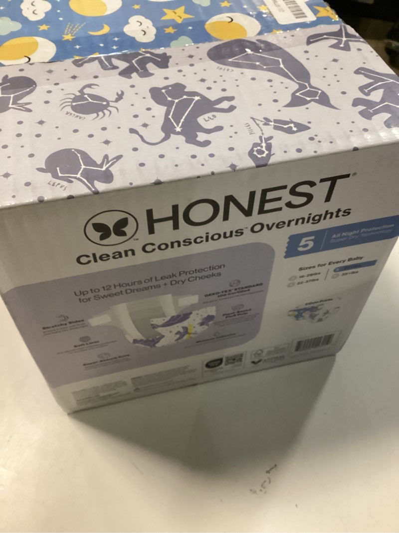 Condition photo showing New/Like New for the honest company comfort dry disposable overnight diapers for sensitive skin, hypoallergenic, baby cozy cloud and star signs design club box size 5 (27 lbs) 40 count size 5 40