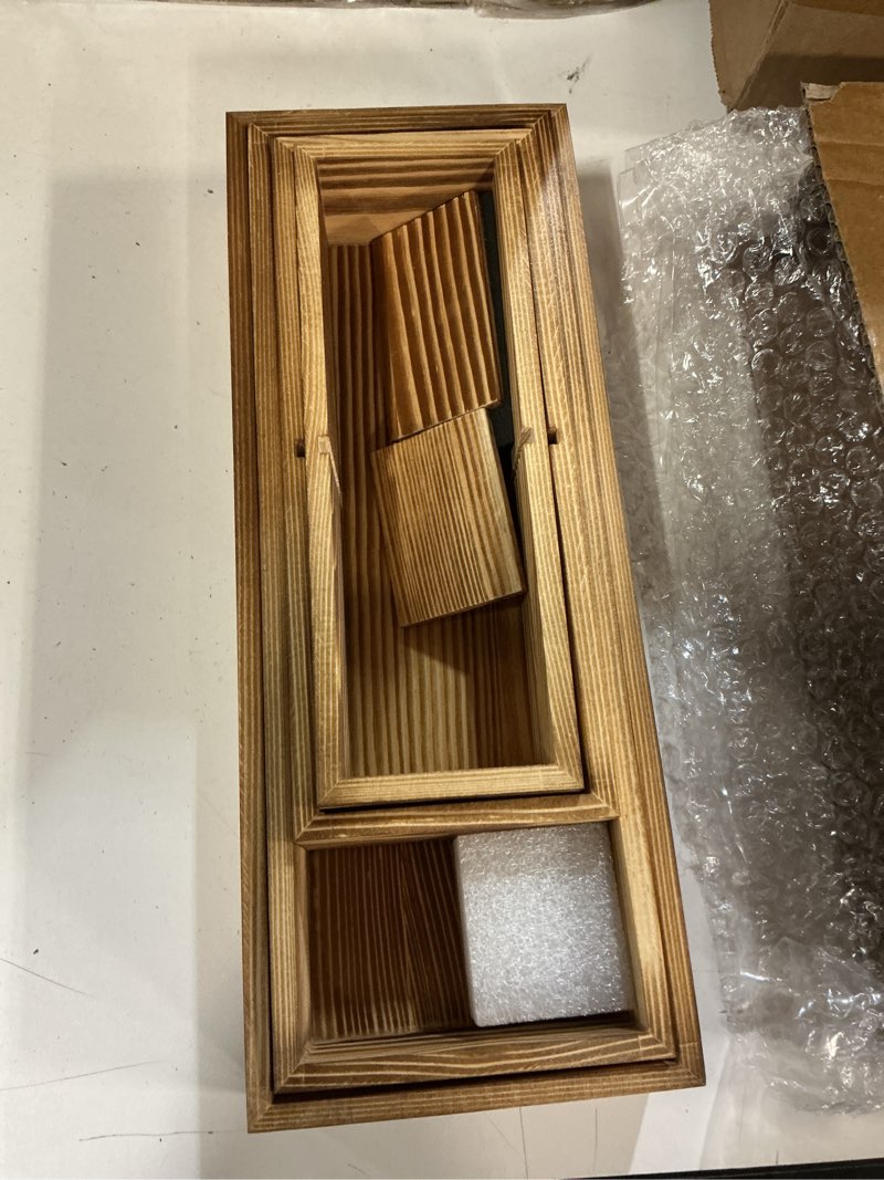 Condition photo showing New/Like New for 9-pack solid wood junk drawer organizer, modular desk drawer tray & accessories with non-slip pad, multi-use for kitchen, office, bedroom dresser, utensil, makeup, stationery, tea bags & coffee pod