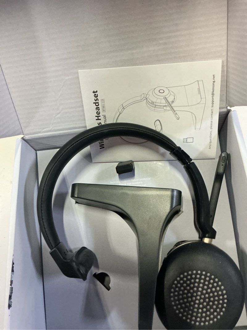 Condition photo showing As Is for earbay wireless headset with mic for work, bluetooth headset microphone mute & charging base, 45h+ wireless headphones with mic noise canceling & usb dongle for work/office/pc/ms teams gold black