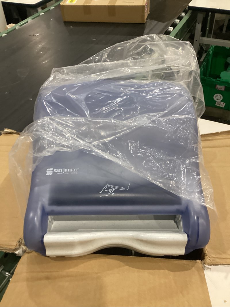 Condition photo showing As Is for san jamar classic paper towel dispenser smart essense electronic roll towel dispenser for bathroom, kitchens, and restaurants, plastic, 9.75 x 14.50 x 12.50 inches, blue arctic blue
