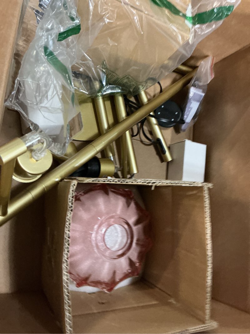 Condition photo showing As Is for Gold Floor Lamp for Living Room,Modern Floor Lamps with Unique Pink Glass Shades,3 Lights Mid Century Tall Standing Lamp,Vintage Tree Flower Floor Lamp for Bedroom Corner Office Reading Minimalist