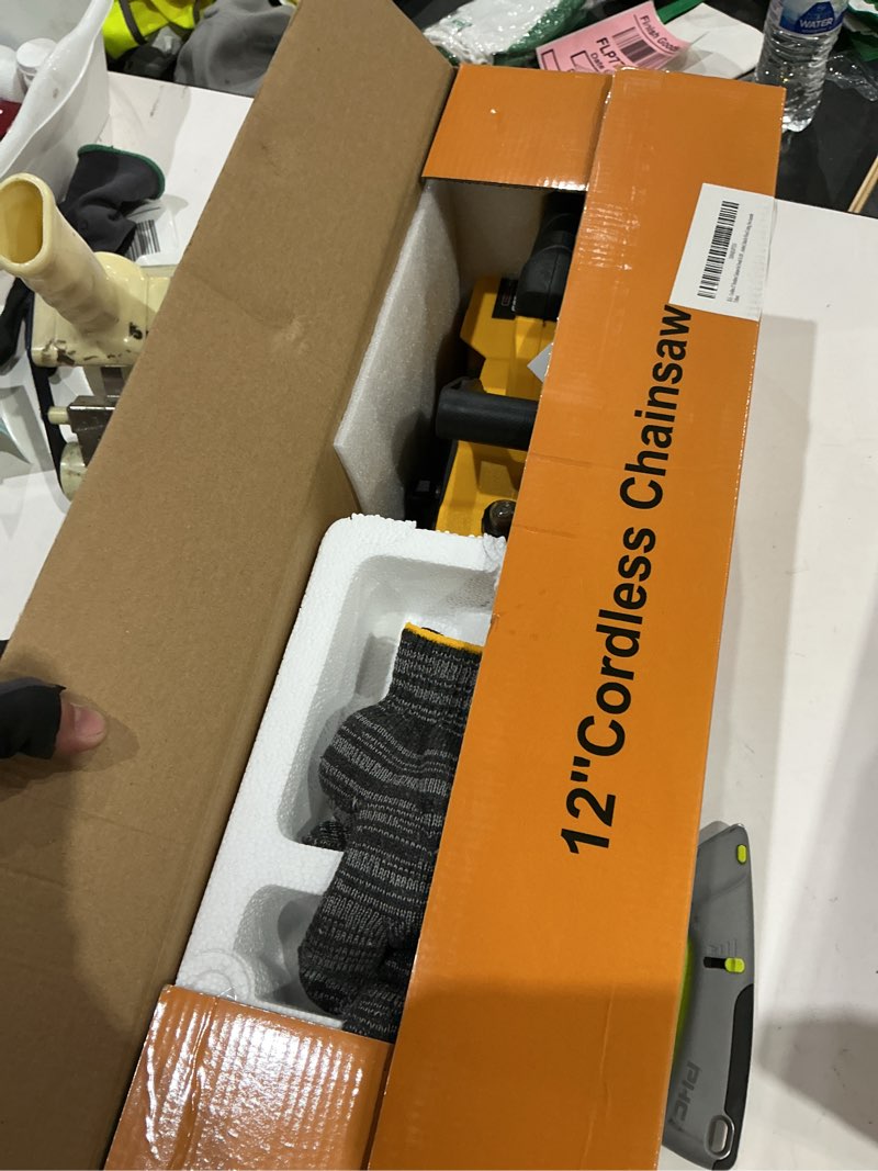 Condition photo showing New/Like New for 12-inch cordless electric brushless chainsaw compatible with dewalt 18-20v batteries, high-power 20v cordless chainsaw for wood cutting, tree trimming and yard garden maintenance(no battery included) yellow