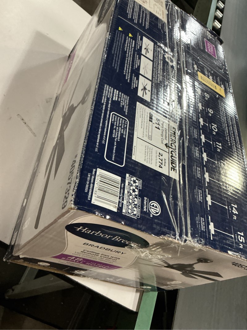 Condition photo showing As Is for Harbor Breeze Bradbury 48-in Matte Black LED Indoor Downrod or Flush Mount Ceiling Fan with Light Remote (6-Blade)