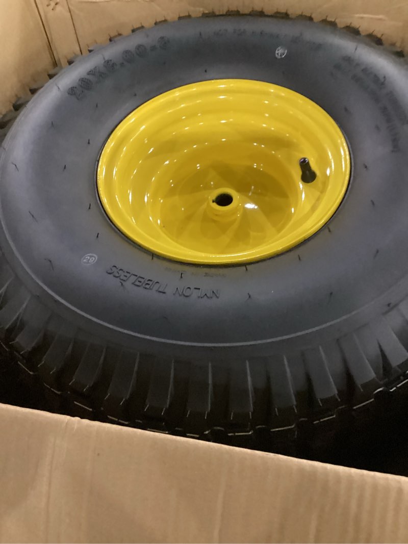 Condition photo showing Good Condition for (2-pack) 20x8.00-8 rear tire and wheel assemblies - 4 ply tubeless tire compatible replacement for riding lawn mowers - 3/4" borehole, 3.5" offset hub and 3/16" keyway 20 x 8.00-8" tubeless (offset hub) yellow