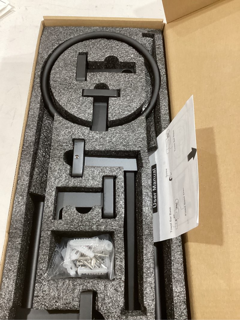 Condition photo showing Good Condition for Bathroom Hardware Set 4 Pieces,Stainless Steel Matte Black Towel Bar Set, Includes 24In Towel Bar, Towel Ring, Robe Towel Hooks,Toilet Paper Holder, Bathroom Towel Rack Set Black 24Inch