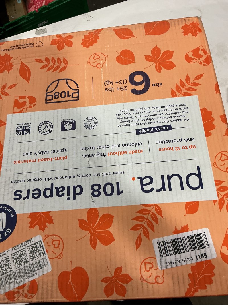 Condition photo showing Good Condition for Pura Size 6 Eco-Friendly Diapers (29+ lbs) Totally Chlorine Free (TCF),Hypoallergenic, Soft Organic Cotton, Sustainable, up to 12 Hours Leak Protection, Allergy UK, 18 Count (Pack of 6),Total-108 Size 6 108