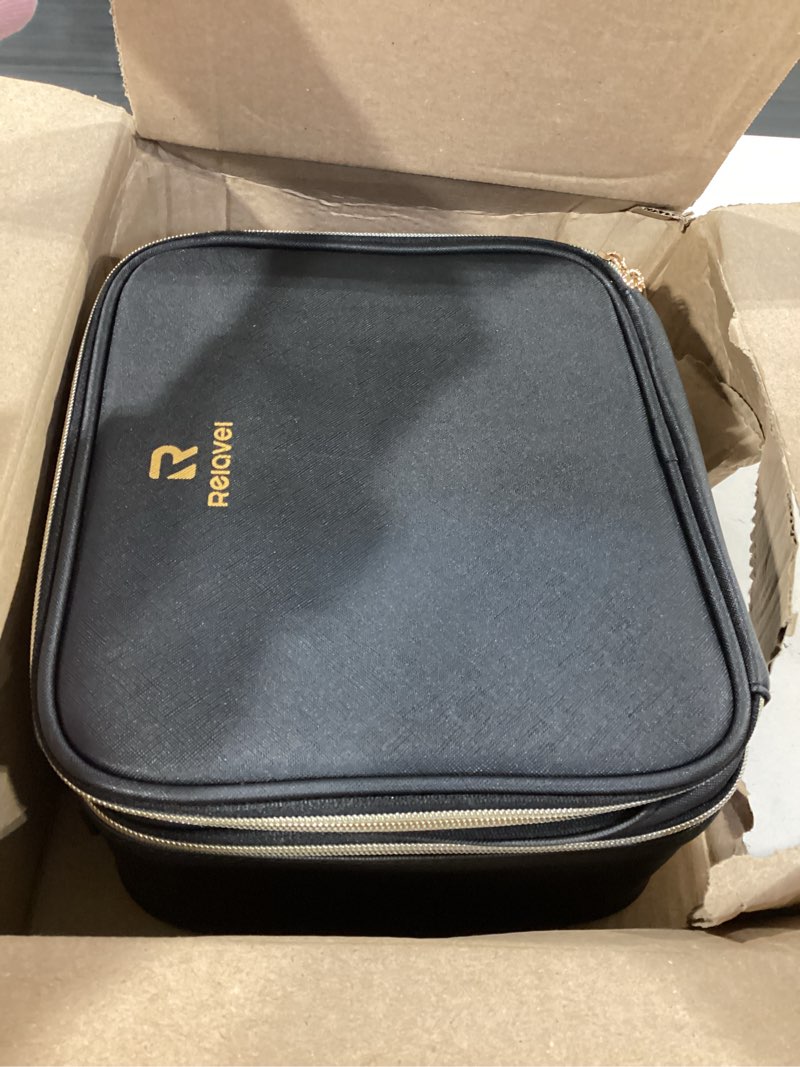 Condition photo showing Good Condition for relavel travel makeup train case makeup cosmetic case organizer portable artist storage bag with adjustable dividers for cosmetics makeup brushes toiletry jewelry digital accessories black
