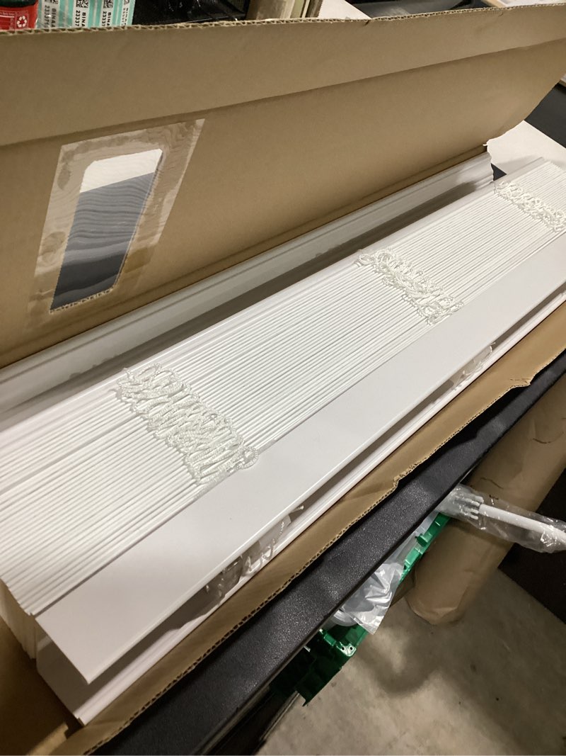 Condition photo showing As Is for 500+ bought last week allen + roth trim at home 2-in slat width 33-in x 64-in cordless white faux wood room