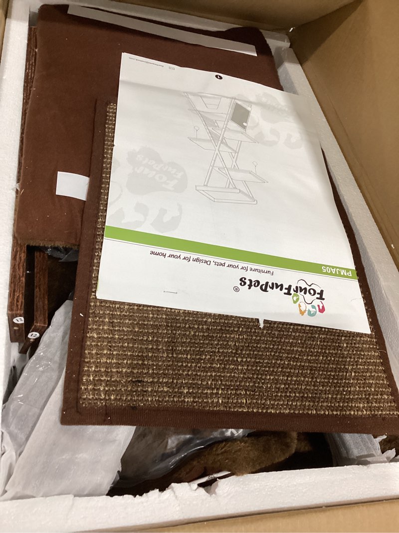 Condition photo showing As Is for fourfurpets 72.4" modern cat tower for indoor cats - multi-level condo with caves, tall tree with scratching board, wooden tower with large perch, removable pads, rustic brown
