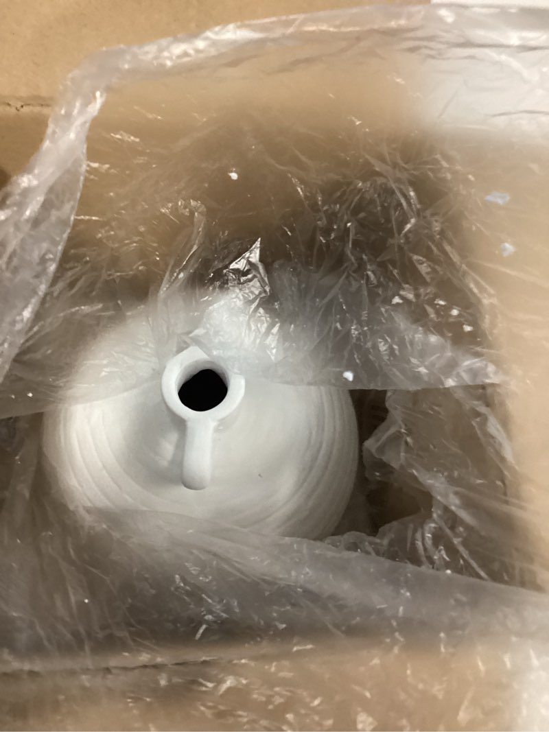 Condition photo showing Good Condition for Antique Style Muted Beige Vase with Banded Handles-Unique Ceramic Decor for Living Room and Shelves-Rustic Handled Ceramic Vessel for Centerpieces and Home Accents [7" W X 7" H]