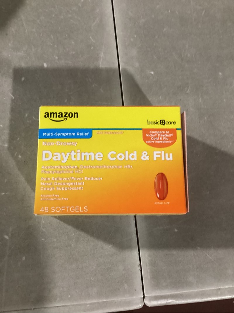Condition photo showing New/Like New for Amazon Basic Care Daytime Cold and Flu Relief Liquid Caps Softgel, Non-Drowsy Cold Medicine, Relief of Pain, Fever, Cough, Sore Throat, Nasal Congestion, 48 Count 48 Count (Pack of 1)