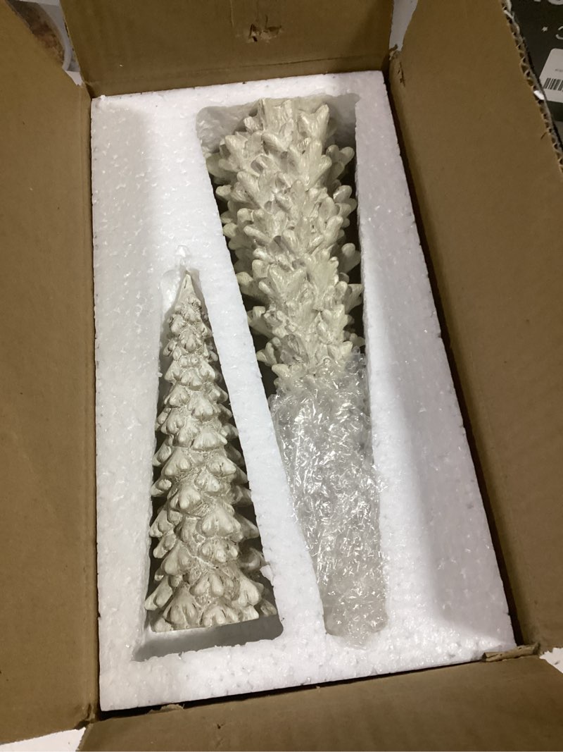 Condition photo showing Good Condition for Resin Christmas Tree Figurines, 2Pcs Distressed White with Gold Table top Christmas Trees, Small Christmas Tree Figurine Set, Decorative Xmas Trees for Rustic Christmas Decor Vintage White Set of 2