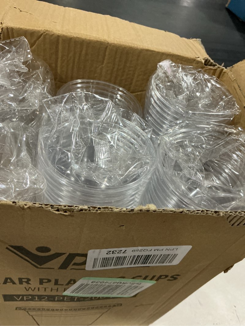 Condition photo showing Good Condition for vplus 200 pack 12 oz pet clear plastic cups with lids, 12 oz crystal cold disposable drinking plastic cups with flat lids, perfect for ice coffee, smoothie, juice 12 oz clear