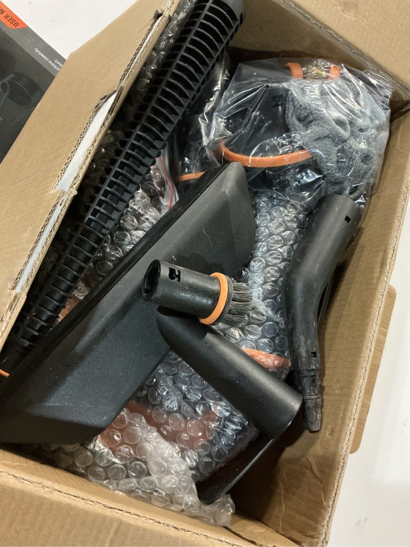 Condition photo showing Good Condition for steam cleaner, portable steamer for cleaning with 16pcs accessories, 6-level adjustable, 15s heat-up, handheld steam cleaner for home for tile, grease, dirt, grout, car detailing, orange