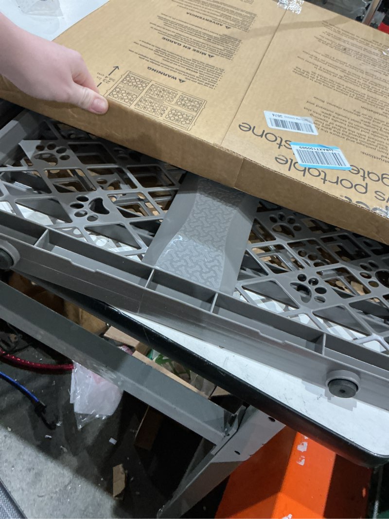 Condition photo showing As Is for mypet north states paws portable pet gate: 26-40" wide. pressure mount. no tools needed. made in usa, 23" tall, expandable, durable dog gates for doorways, fieldstone gray