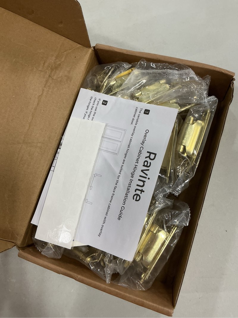 Condition photo showing Good Condition for ravinte 30 pack (15 pairs) 1/2 inch overlay cabinet hinges, self-closing semi-concealed face mount, satin brass decorative hardware with door bumpers for kitchen & cupboard doors, gold gold 30