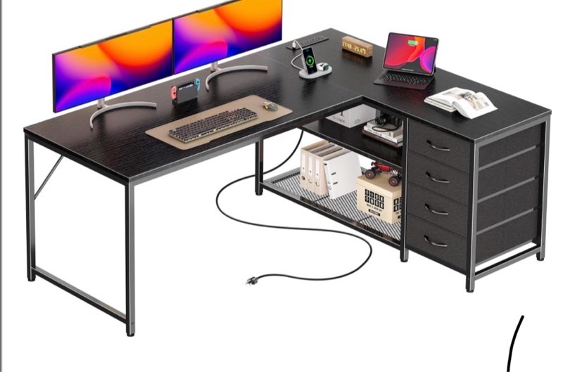 praisun 53" l shaped desk with power outlets and usb-c port, reversible computer corner office desk with 4 fabric drawers and 2 height-adjustable shelves, large for gaming writing work study, black
