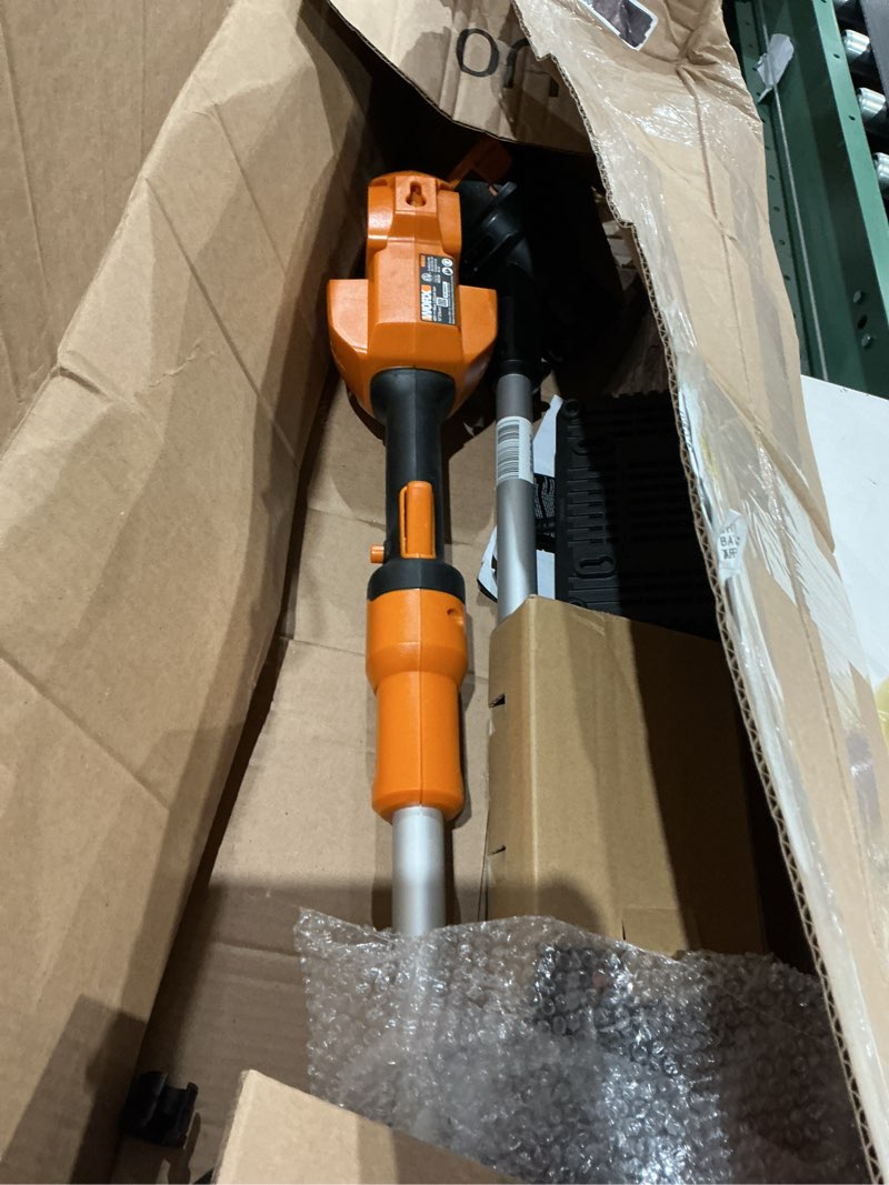 Condition photo showing As Is for worx wg183 40v 13" cordless string trimmer (batteries & charger included), black and orange 2 20v batteries + charger included