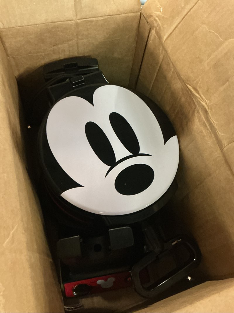 Condition photo showing As Is for disney mickey mouse mic-62 double flip waffle maker by select brands - nonstick mini waffle iron with rotating design - makes 6 mickey waffles - variable shade control