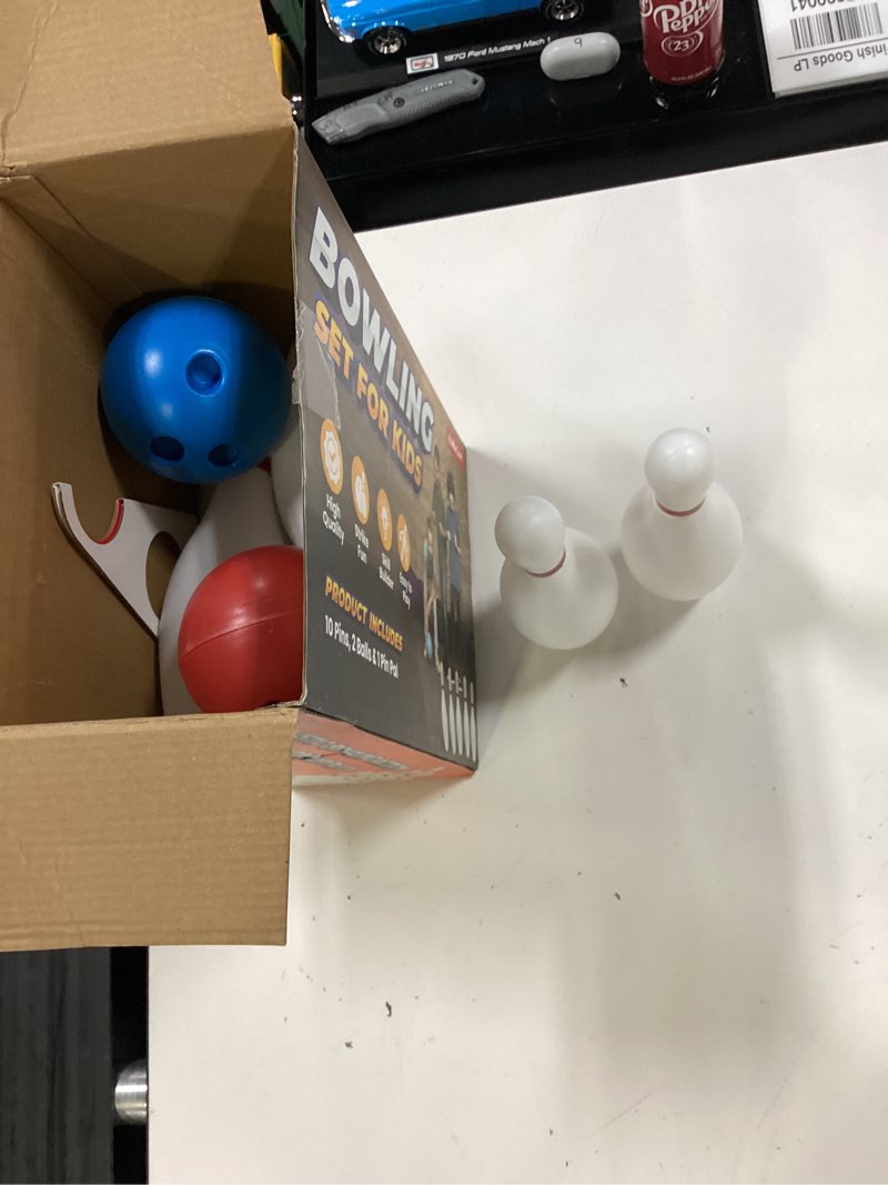 Condition photo showing Good Condition for kids bowling set - 10 white plastic pins & 2 lightweight bowling balls - family fun indoor & outdoor toddler bowling set game for boys & girls, educational & active play toy, birthday gift ages 3+ classic bowling ball set