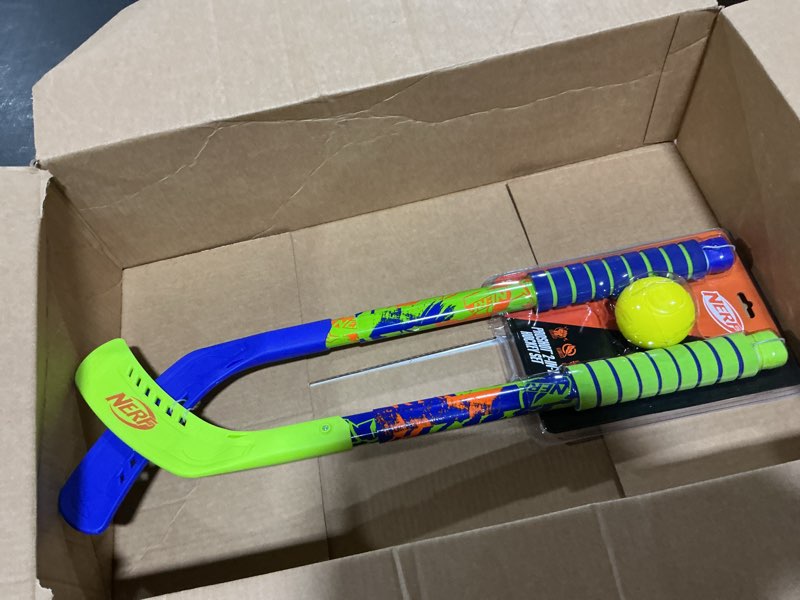 Condition photo showing New/Like New for franklin sports nerf proshot kids hockey sticks + ball set - 2 player youth indoor + outdoor set - 2 in 1 knee + floor hockey - (2) nerf proshot youth sticks + (1) foam ball included