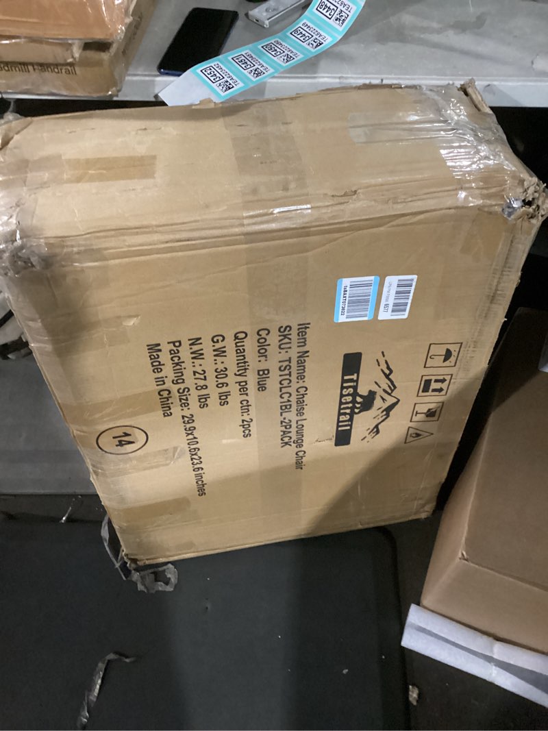 Condition photo showing New/Like New for folding chaise lounge chair bed - heavy-duty 400lb capacity portable adjustable recliner w/pillow for patio, pool, camping, sunbathing - lay flat design (blue)